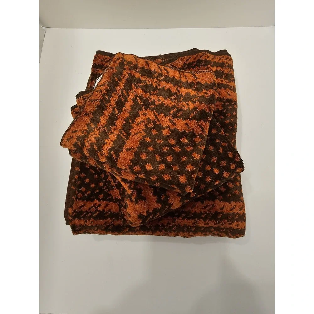 Vintage Lady Pepperell 70s Brown Orange Towel Set 2 Bath/2 Hand/2 Wash MCM Mod